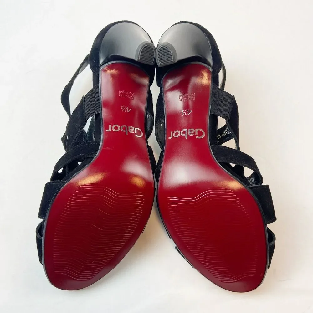 Gabor‎ Fantastica Black Suede Heels Women's Sz 7 Strappy Peep Toe Evening Dressy